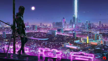 HD wallpaper of a woman warrior with a sword overlooking a futuristic cyberpunk cityscape under a moonlit sky.