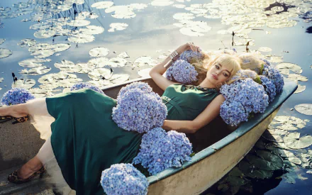 lying down green dress blonde flower hydrangea woman model HD Desktop Wallpaper | Background Image
