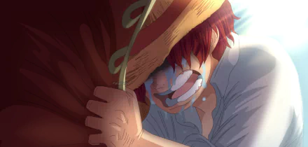 HD PC desktop wallpaper featuring Shanks from the anime One Piece, showing an emotional close-up with vivid lighting and detailed artwork.