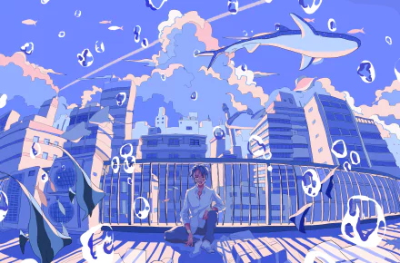 Anime-style 4K Ultra HD desktop wallpaper depicting a peaceful scene of a person sitting on a rooftop surrounded by floating fish against a vibrant cityscape and sky.