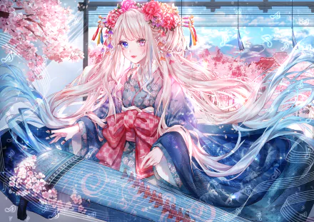 Anime character with heterochromia wearing a kimono, surrounded by cherry blossoms and celestial elements, seated by a musical instrument. This vibrant HD wallpaper captures a serene and ethereal atmosphere.