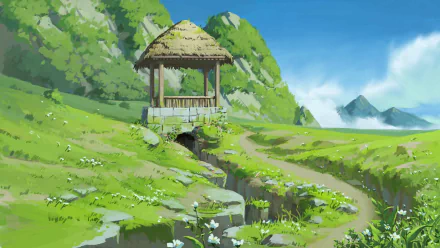 Anime-style HD desktop wallpaper depicting a serene green landscape with a rustic hut next to a stone well under a clear blue sky.