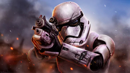 HD PC desktop wallpaper featuring a detailed Sci-Fi stormtrooper from Star Wars aiming a blaster amidst a smoky, fiery background.
