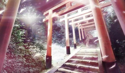HD anime-style original desktop wallpaper featuring a serene pathway lined with red torii gates illuminated by soft, ethereal light in a lush forest setting.