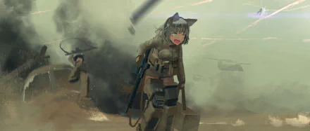 Anime-style military scene featuring a female soldier in tactical gear amidst an intense battlefield, depicted as an HD PC desktop wallpaper background.