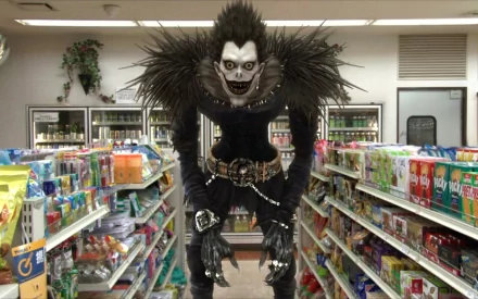 A high-definition desktop wallpaper featuring Ryuk, the Shinigami from Anime Death Note, looming in a convenience store aisle surrounded by colorful snacks.