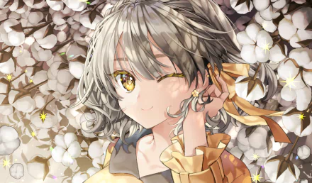 Anime-style character with grey hair and striking yellow eyes surrounded by white flowers, designed as an HD PC desktop wallpaper background.