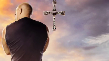Dominic Toretto, portrayed by Vin Diesel in Fast & Furious 9, stands against a twilight sky with a floating jeweled cross in this 4K Ultra HD PC desktop wallpaper.
