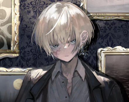 HD anime original artwork of a blonde character with intense blue eyes, set against a dark, ornate background, designed as a PC desktop wallpaper.