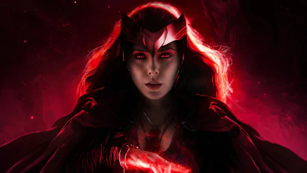 High-definition desktop wallpaper of Elizabeth Olsen as Scarlet Witch from the TV show WandaVision, featuring a dramatic, red-hued background and intense lighting effects.