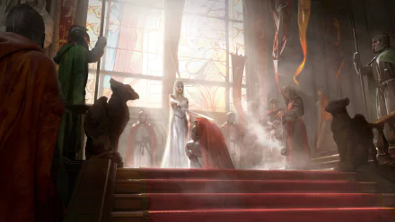 A fantasy warrior kneels before a radiant figure in a grand hall, surrounded by onlookers, bathed in ethereal light—HD fantasy warrior desktop wallpaper.