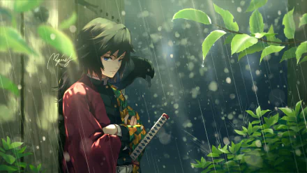 HD desktop wallpaper featuring Giyuu Tomioka from Demon Slayer: Kimetsu no Yaiba, standing pensively in a serene, rain-soaked forest.