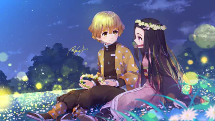 HD wallpaper featuring Nezuko Kamado and Zenitsu Agatsuma from the anime Demon Slayer: Kimetsu no Yaiba, sitting together surrounded by flowers and glowing lights at night.