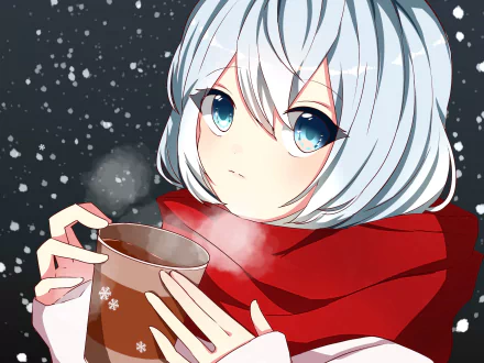  Anime girl drinking hot chocolate on a cold snowy night by 萌