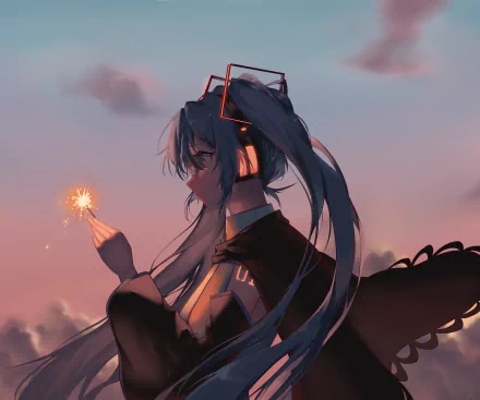 HD anime wallpaper featuring long-haired Hatsune Miku from Vocaloid, holding a sparkler against a soft, cloudy sunset sky.
