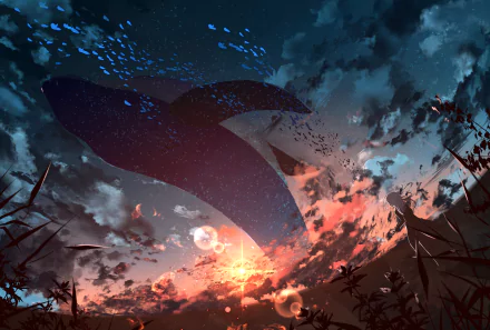 Anime-style HD desktop wallpaper featuring a silhouette of a whale against a starry sky and a vibrant sunset, blending natural and fantastical elements.