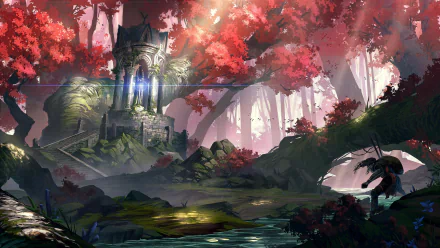 HD desktop wallpaper featuring a fantasy forest with vibrant red foliage, a mystical ancient stone structure emitting an eerie blue glow, and a lone figure crossing a stream.