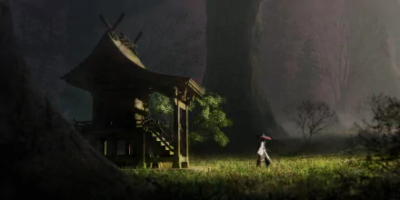 HD Anime desktop wallpaper featuring a solitary figure in traditional attire walking beside a serene temple in a mystical forest setting.