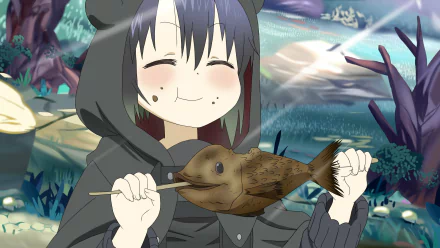 Anime-style HD desktop wallpaper featuring Somali from Somali and the Forest Spirit, smiling while holding a roasted fish in a vibrant forest setting.