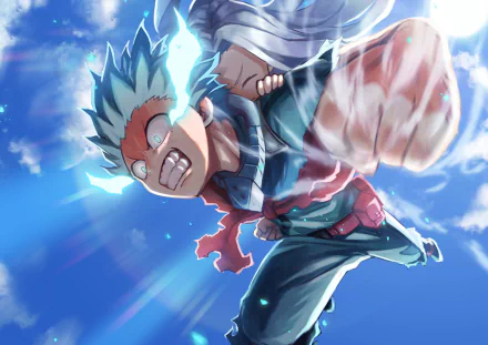 HD PC desktop wallpaper featuring Eri and Izuku Midoriya from the anime My Hero Academia in a dynamic action scene with bright blue skies.