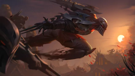 HD PC desktop wallpaper featuring Zed, the ninja champion from the video game League of Legends, poised in a dynamic action scene at sunset.