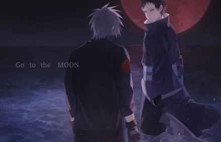 HD PC desktop wallpaper featuring Kakashi Hatake and Obito Uchiha from Naruto standing under a red moon with the text Go to the MOON.