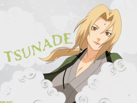 HD desktop wallpaper featuring Tsunade from the anime Naruto. The image showcases Tsunade with her name in the background, surrounded by swirling designs.