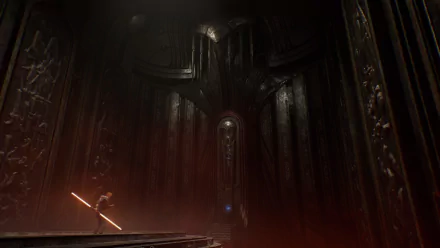 Dark, towering temple interior from the video game Star Wars Jedi: Fallen Order, lone figure wielding an ignited lightsaber on a platform — HD PC desktop wallpaper/background.