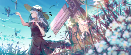 Anime-style HD desktop wallpaper featuring a long-haired girl in a black dress and wide-brimmed hat, surrounded by flowers and a bird near a windmill.