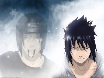 An HD desktop wallpaper featuring Sasuke Uchiha with tears, standing solemnly, while a faint image of Itachi Uchiha appears in the background, from the anime Naruto.