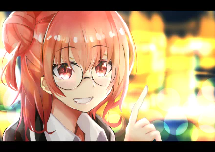 Yui Yuigahama from My Teen Romantic Comedy SNAFU with short pink hair, red eyes, and glasses, smiling against a vibrant blurred background in this 4K Ultra HD anime wallpaper.