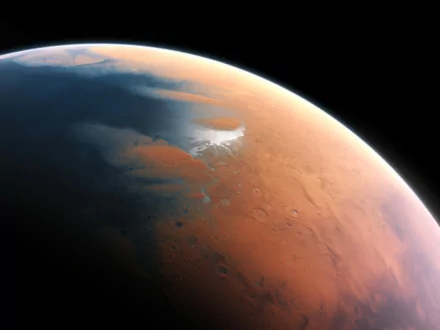 HD desktop wallpaper of a stunning close-up view of Mars, showcasing its detailed surface and atmospheric glow in a sci-fi style.