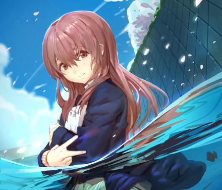 HD anime desktop wallpaper featuring Shouko Nishimiya from A Silent Voice with pink hair and a school uniform against a blue sky and modern building backdrop.