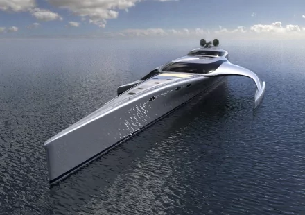 A sleek, modern yacht glides effortlessly over calm waters under a bright sky, captured in stunning detail for an HD PC desktop wallpaper and background.