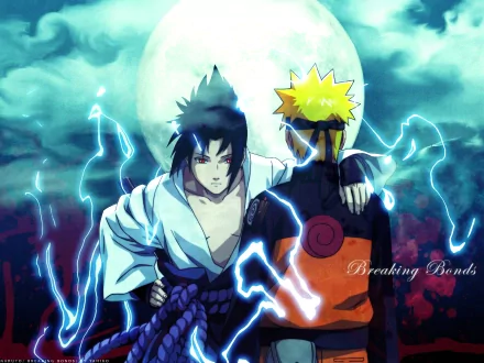 HD wallpaper featuring Naruto Uzumaki and Sasuke Uchiha from the anime Naruto, with Breaking Bonds text, set against a dramatic moonlit sky.