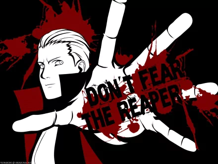 HD desktop wallpaper of Hidan from the anime Naruto, featuring him in Akatsuki attire with the text Don't Fear the Reaper set against a bold, red and black background.