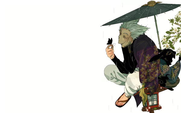 Garou from One-Punch Man with white hair, sitting under a traditional umbrella holding a butterfly, in detailed anime style, 4K Ultra HD desktop wallpaper.