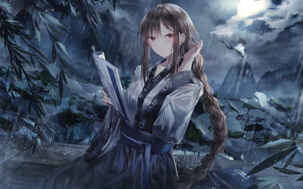A captivating anime night scene featuring Yu Miaoyi as Assassin from Fate/Grand Order, surrounded by raindrops, in high definition for desktop wallpaper.