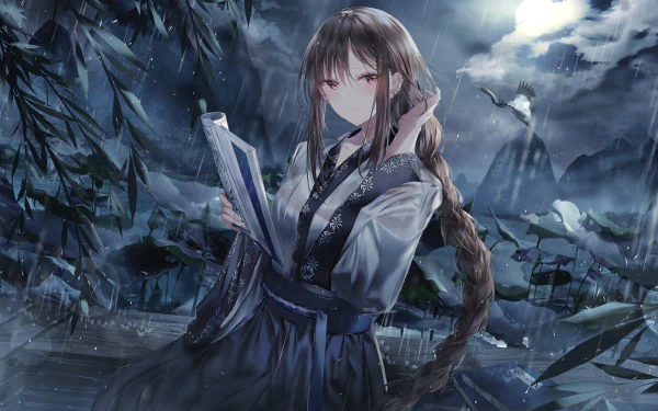 Anime HD wallpaper featuring Yu Miaoyi from the Fate/Grand Order series as an Assassin, standing in the rain at night, holding a book with an intense expression amidst a dramatic, moonlit background.