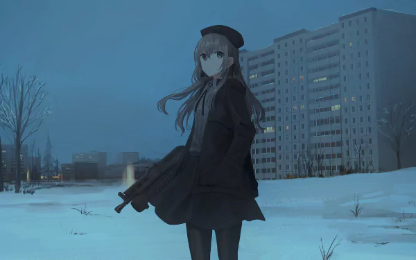 An anime-style character holds a firearm, standing in a snowy winter setting with tall buildings in the background. This HD desktop wallpaper and background exudes a cold, serene atmosphere.
