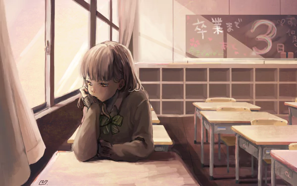 Classroom anime original 4K Ultra HD PC desktop wallpaper: a pensive schoolgirl leans on a sunlit desk, empty rows behind her and a chalkboard marked 3 before graduation.