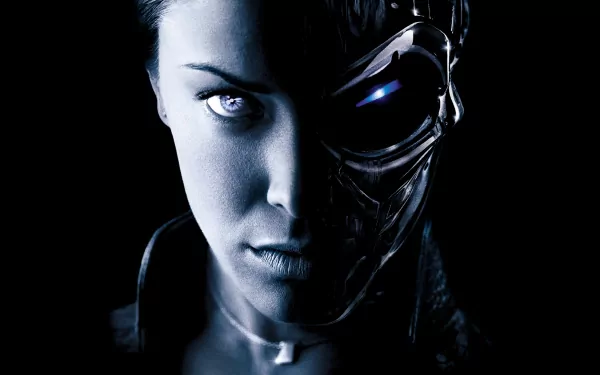 High-definition wallpaper from Terminator 3: Rise of the Machines, featuring a character with a striking half-human, half-cybernetic face against a dark backdrop.