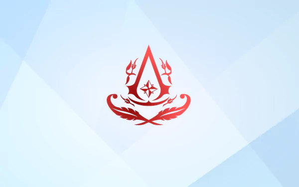 4K Ultra HD PC desktop wallpaper featuring a red Assassin's Creed emblem set against a light blue geometric background.
