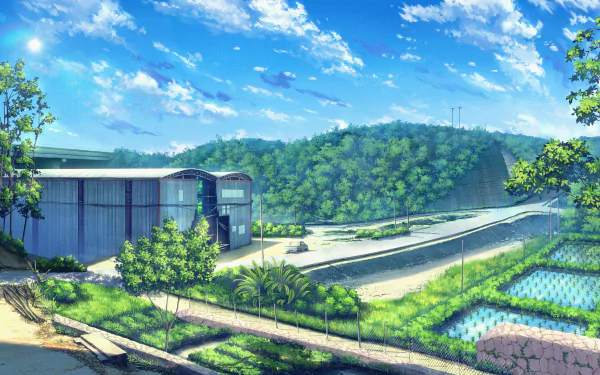 4K Ultra HD original Anime-style sky scene featuring lush greenery, a clear blue sky with scattered clouds, and a peaceful rural landscape.