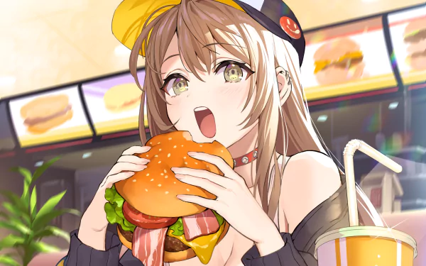 Anime character in a stylish hat, enjoying a large burger with vibrant colors, set in a lively fast-food environment. High-definition desktop wallpaper and background.
