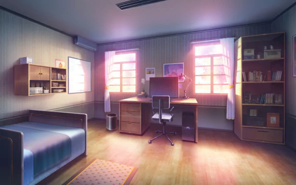 An HD desktop wallpaper of an anime-inspired room featuring a computer desk with a chair, two windows, a bed, bookshelves, and a serene ambiance.