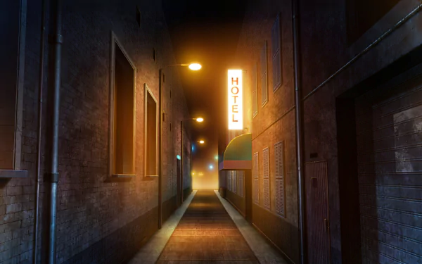 HD anime-style night scene of a narrow street with a glowing hotel sign, illuminated pathways, and subtle streetlights creating a moody atmosphere for a desktop wallpaper.