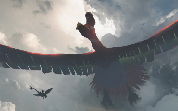 HD anime-style PC desktop wallpaper featuring flying Pokémon Sigilyph, Ho-oh, and Flygon soaring dramatically through a cloudy sky.