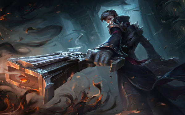 A fierce woman warrior in dark armor aims a massive futuristic gun, surrounded by swirling shadows and embers in a dramatic fantasy 4K Ultra HD desktop wallpaper.