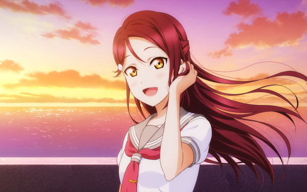 Anime Love Live! Sunshine!! Love Live! Riko Sakurauchi Red Hair Long Hair Yellow Eyes Sea School Uniform Sunset HD Wallpaper | Background Image